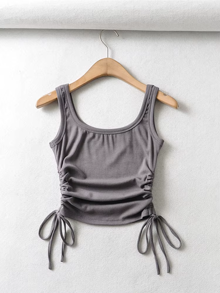 Nouveauté filles décontracté couleur unie deux côtés cordon gilet plis froncé Sexy débardeur et Cami