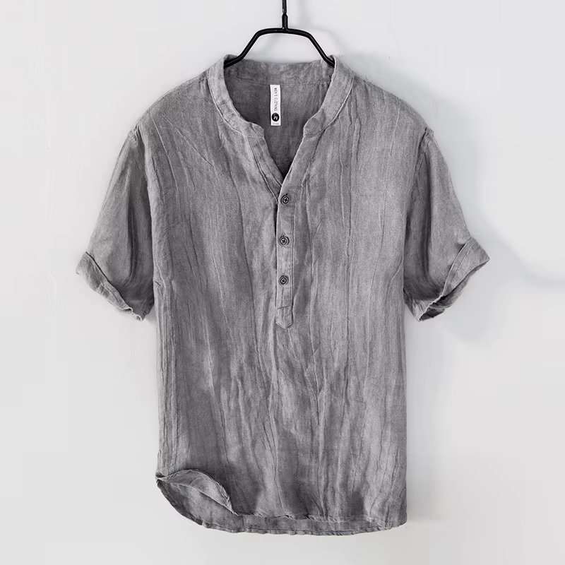 T-Shirt Vintage en lin pour hommes, pull décontracté à manches courtes, col en v, mince et respirant