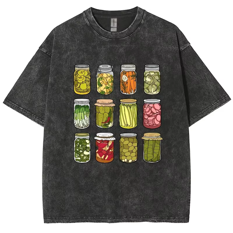 Dessin animé Kimchi imprimé T-shirt rétro lavé coton col rond manches courtes décontracté Design de 