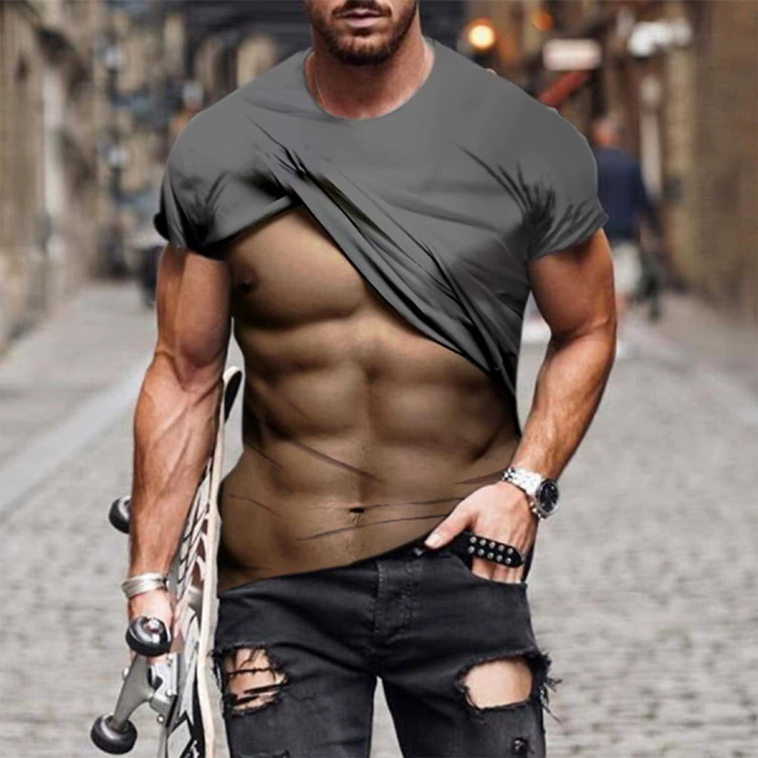 T-shirt de sport pour homme à manches courtes imprimé en 3D, 6 pièces, pour la musculation abdominal