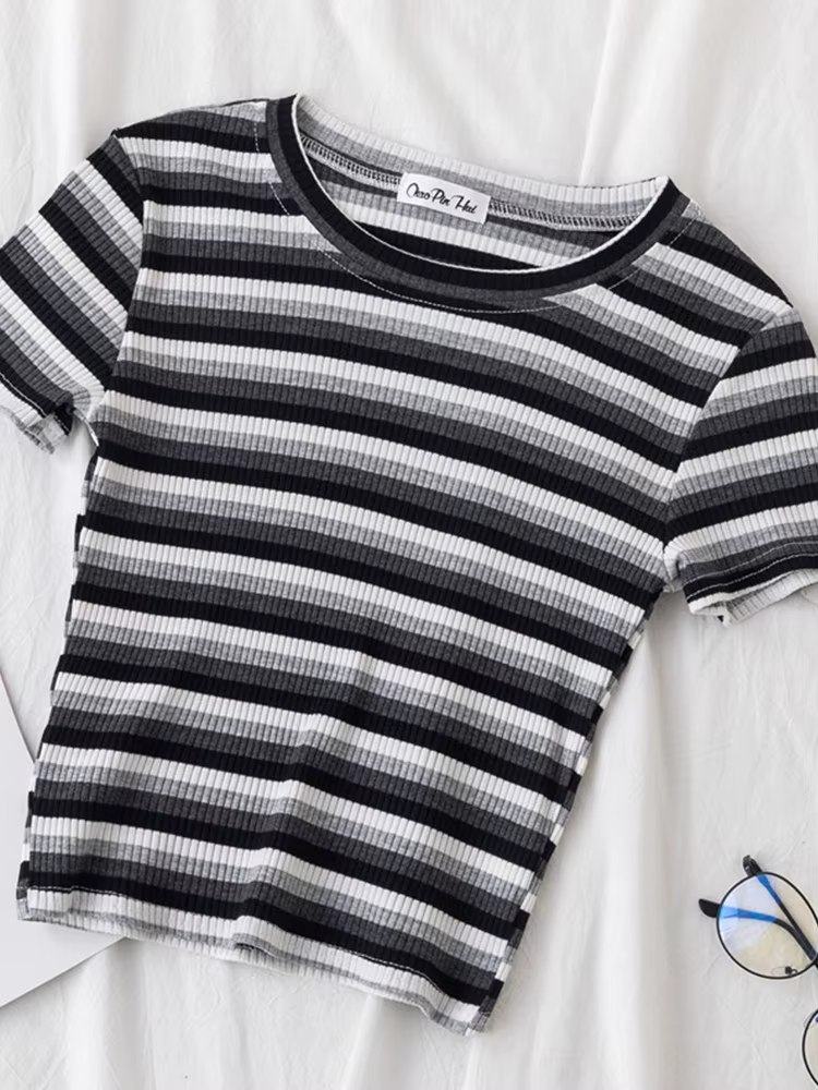 T-shirt à rayures arc-en-ciel pour femmes, haut à manches courtes, vêtement estival et slim, marque 
