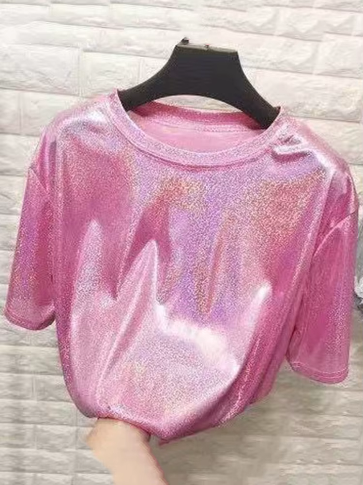 Été femme hauts brillant ample à manches courtes t-shirt sexy club esthétique harajuku femmes élégan