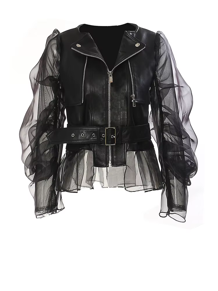 [EAM] coupe ample noir Pu cuir maille veste élégante nouveau revers à manches longues femmes manteau