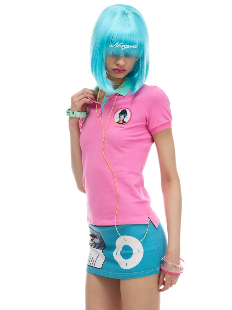 Polo rose à imprimé graphique et col contrastant pour femme, style rétro Y2K, streetwear, haut à man