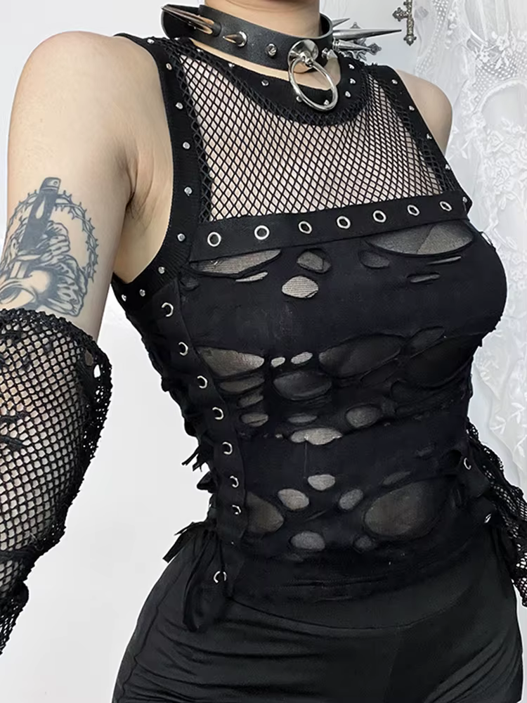 AltGoth centre commercial gothique gilet femmes Sexy trou voir à travers à lacets culture débardeurs