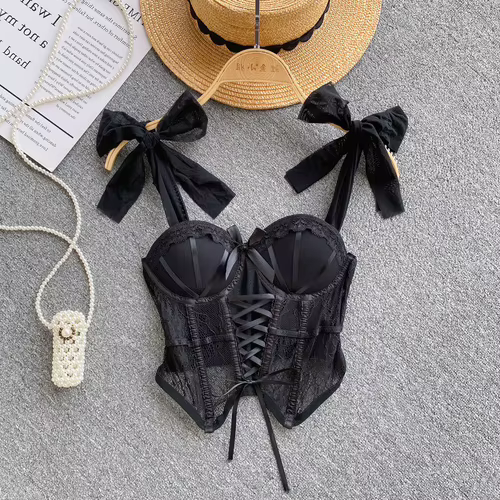 Spaghetti sangle débardeur pour femmes sans bretelles intégré soutien-gorge dentelle patchwork Tulle