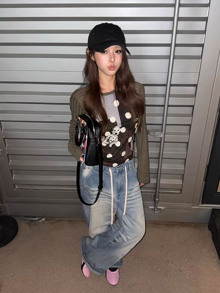 Tonngirls Harajuku imprimé chien graphique hauts à manches longues Patchwork femmes T-shirt Y2k Vint