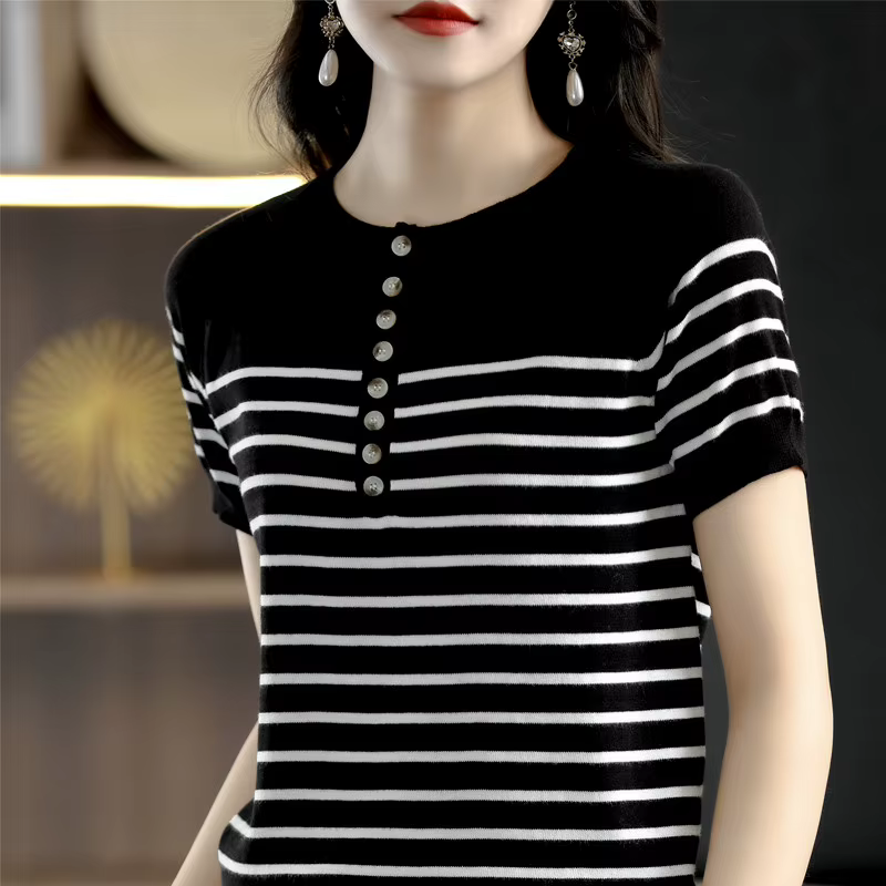 T-shirt 100% coton pour femmes, tricoté à rayures, manches courtes, décontracté, col rond, hauts bas