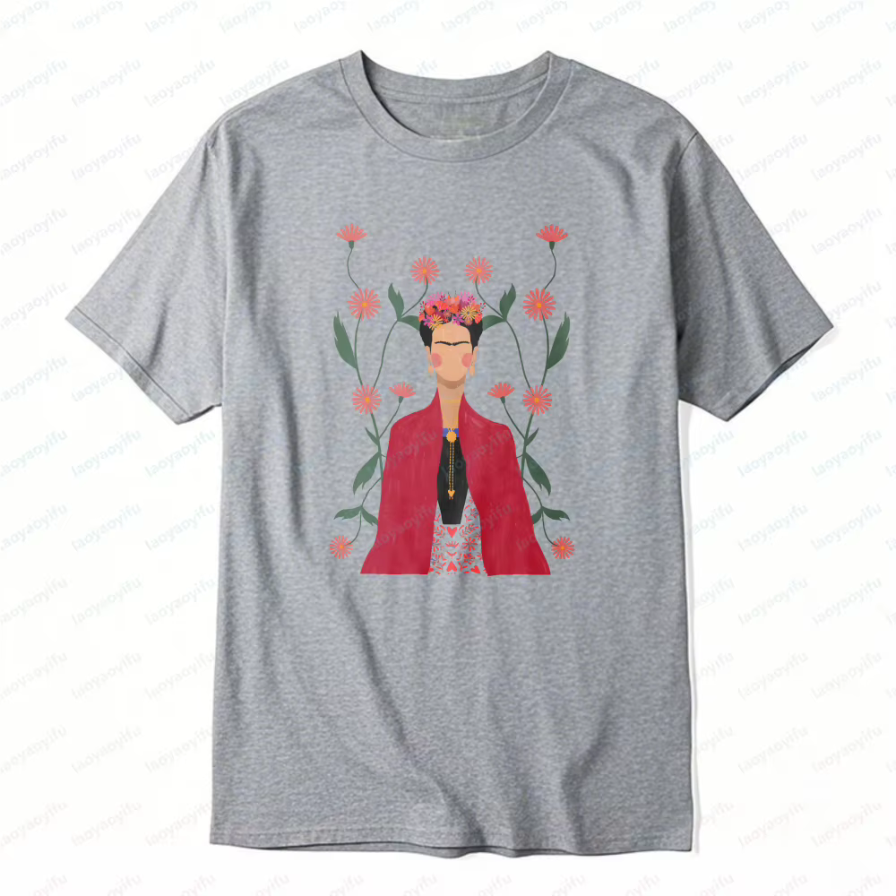 T-shirt en coton unisexe style bohème Frida Kahlo, motif floral artistique, élément floral, mode déc