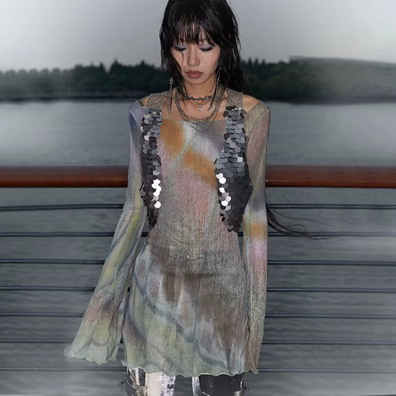 Karrcat Trashy Y2k cravate-teinture maille hauts Grunge esthétique manches évasées hauts transparent