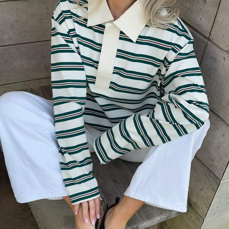 T-shirt de Rugby rayé pour femmes, sweat-shirt surdimensionné à manches longues, Vintage, col à reve