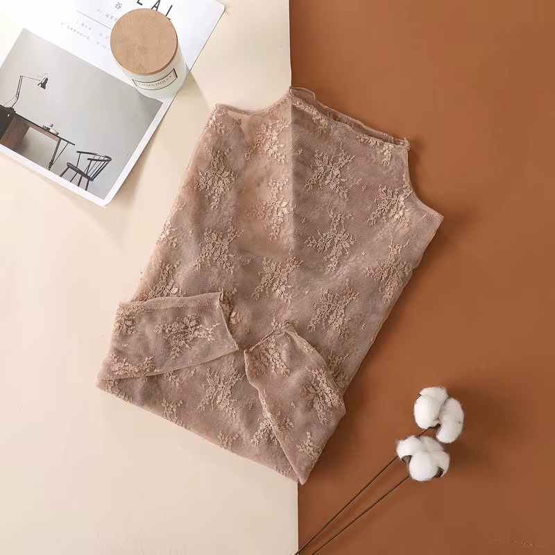 T-Shirts en maille pour femmes, élégants et Sexy, manches longues, dentelle, chemisier transparent, 