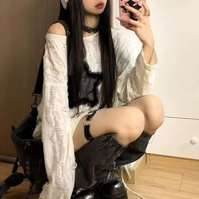 Y2K trou étoile imprimé T-Shirt femmes mode Streetwear épaules nues hauts été surdimensionné Kpop à 