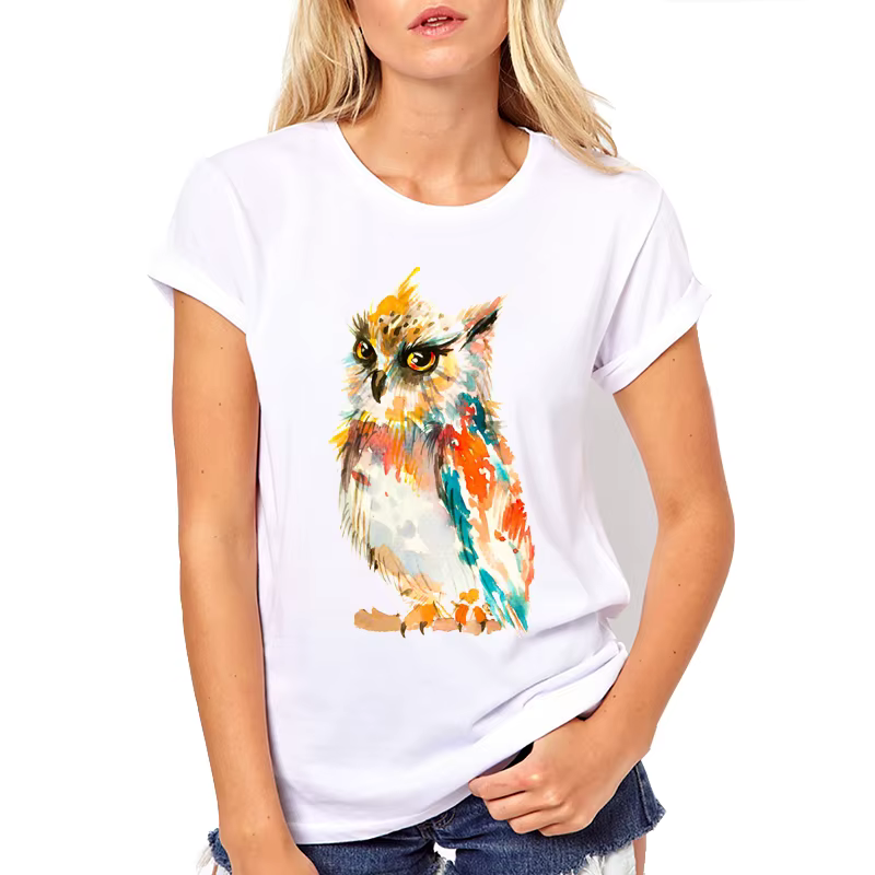 T-shirt manches courtes col rond Femme, décontracté, estival et coloré, imprimé hibou, 2022