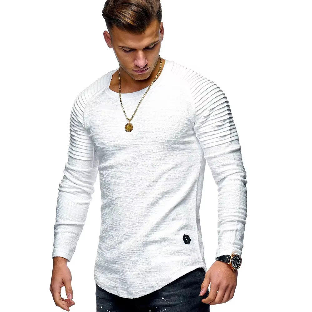 MRMT 2026 Nouveau T-shirt Homme Uni Coupe Slim Col Rond Manches Longues T-shirt Sportif Plissé aux É