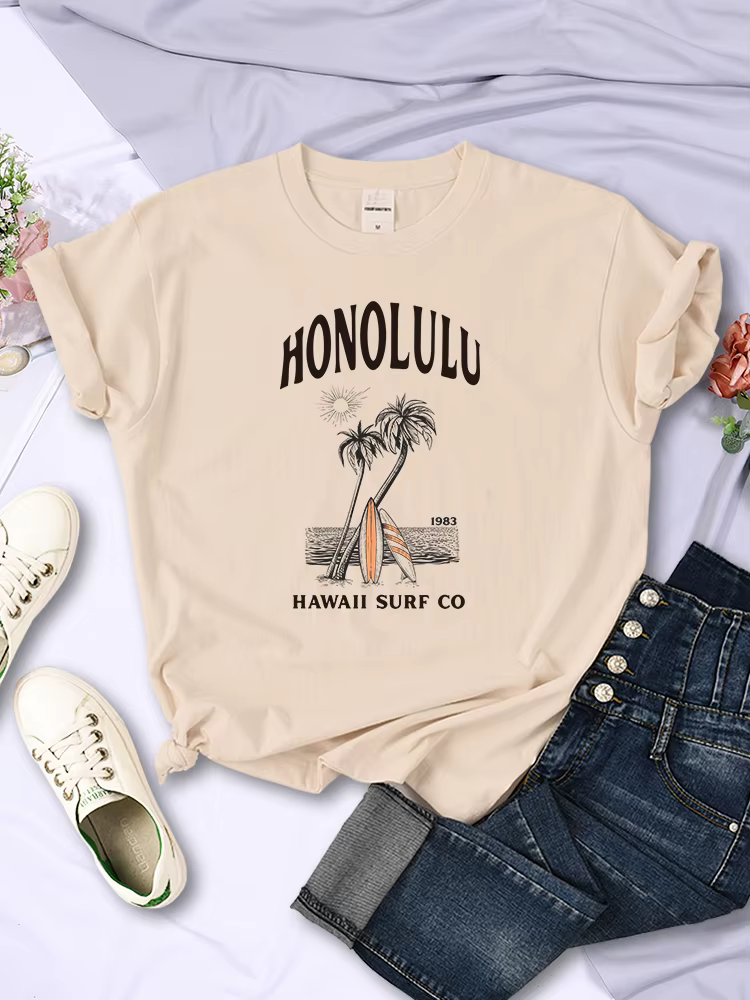 Honolulu-T-shirt manches courtes pour femme, estival et respirant, à la mode, avec imprimé hawaïen, 