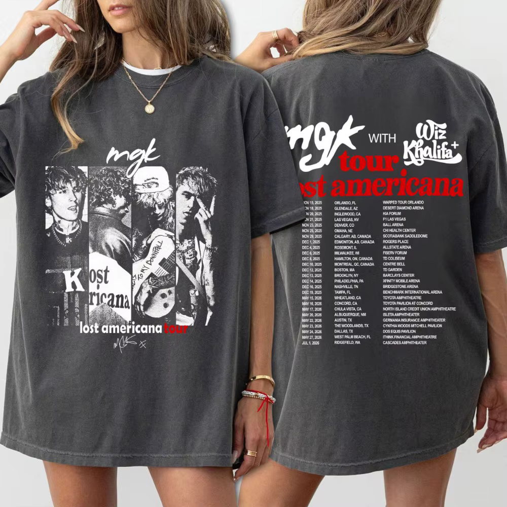 T-shirt MGK Lost Americana Tour, t-shirt graphique grunge des années 90, devant et dos, dates de tou