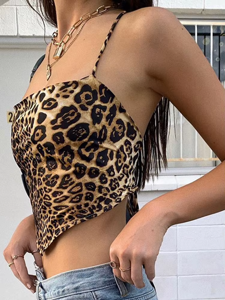 Débardeur à motif léopard pour femmes, dos nu, Sexy, tenues Rave, sans manches, croisé, à lacets, Br