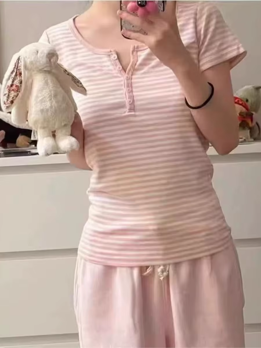 Doux petit rose rayé T-shirts femmes nouveau coton col rond décontracté mince boutons à manches cour