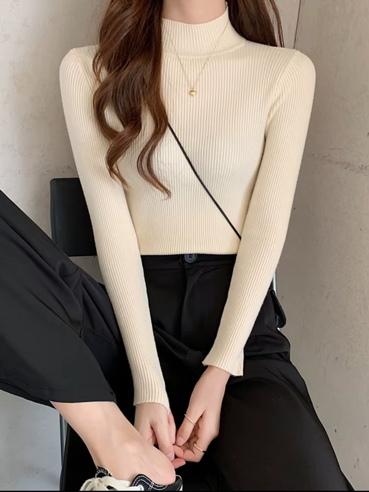 Automne hiver col montant femmes pull Vintage basique solide tricoté hauts décontracté mince pull co