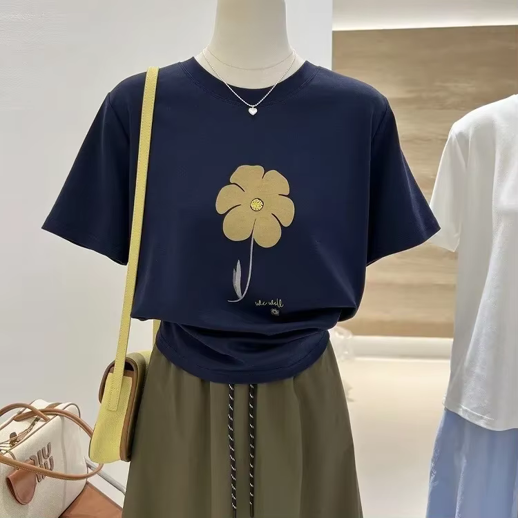 T-shirt à manches courtes imprimé Floral bleu marine pour femmes, haut ample et amincissant en pur c