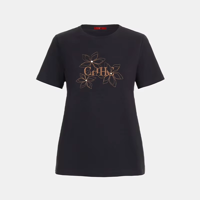 T-shirt noir pour femme avec broderie florale, manches courtes, col rond, décontracté, en coton, pou
