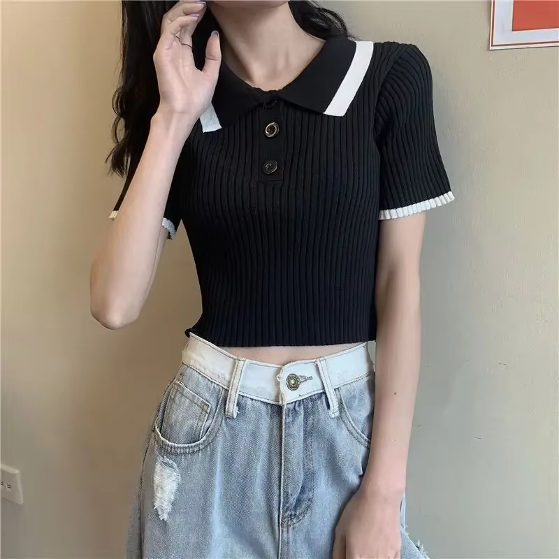 Polo femme Sexy haut court bouton femme t-shirt tricoté mince avec T-shirts col vêtements coréens pu