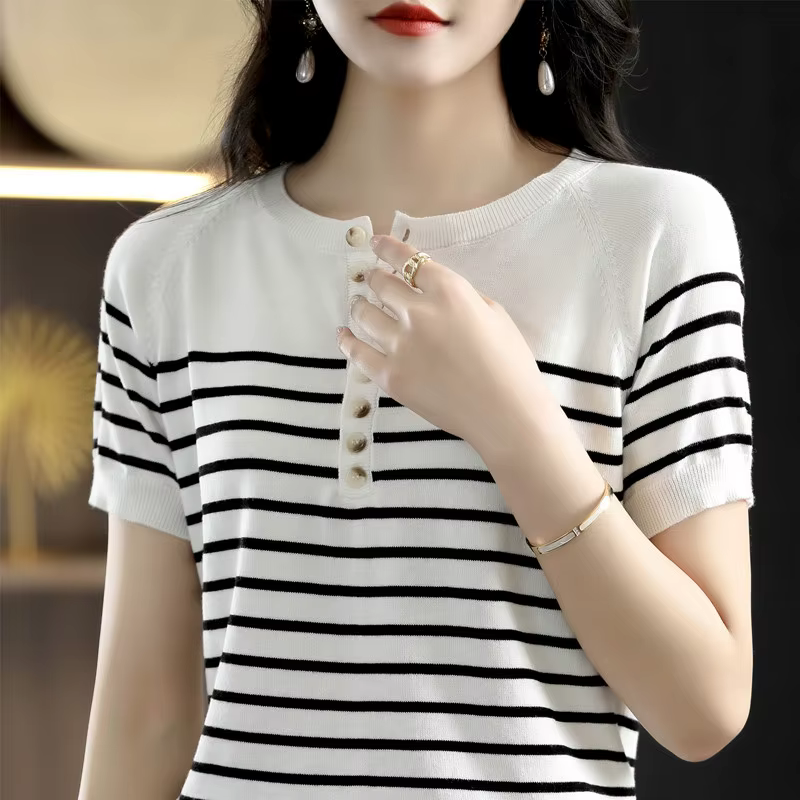 T-shirt 100% coton pour femmes, tricoté à rayures, manches courtes, décontracté, col rond, hauts bas