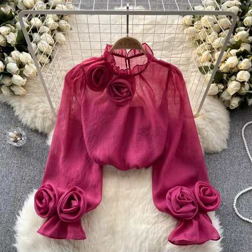 Chemisier plissé à fleurs 3D, manches longues bouffantes, col rond, Slim, élégant, mode basique, Chi