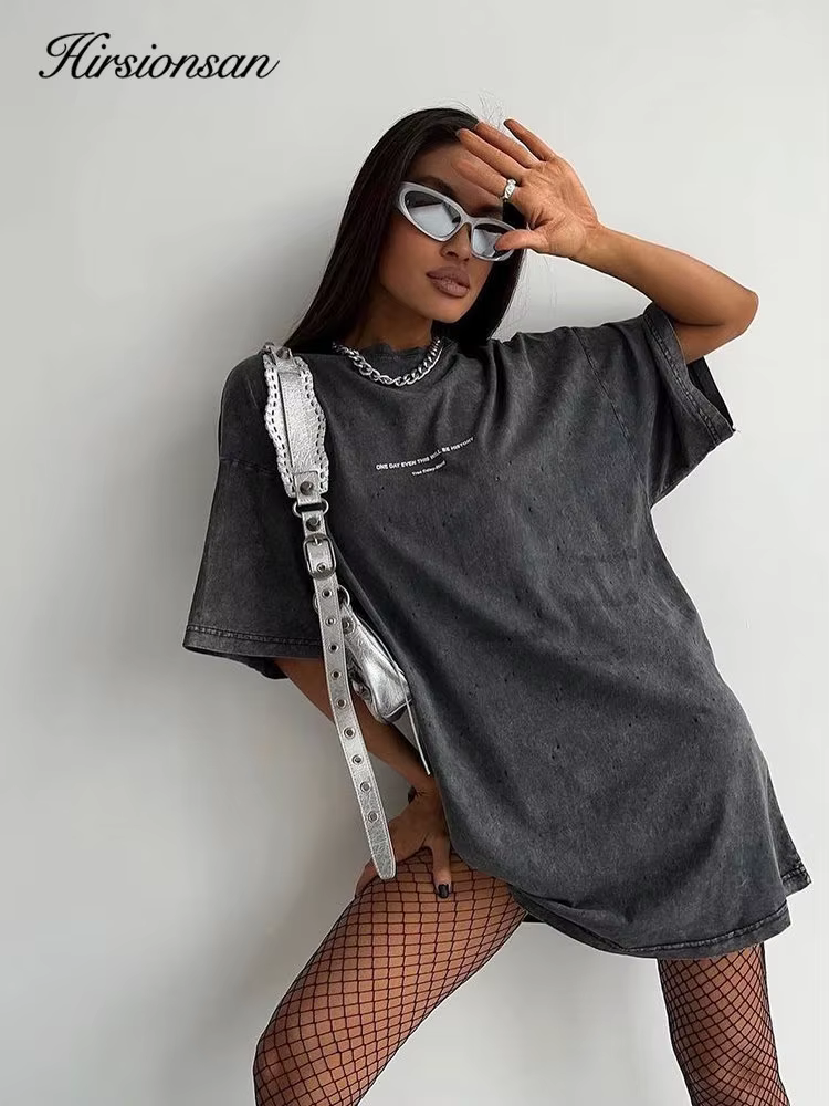 Hirsionsan-T-shirt Délavé à l'Acide pour Femme, Streetwear Imprimé Vintage, Marque de Luxe, Y2k