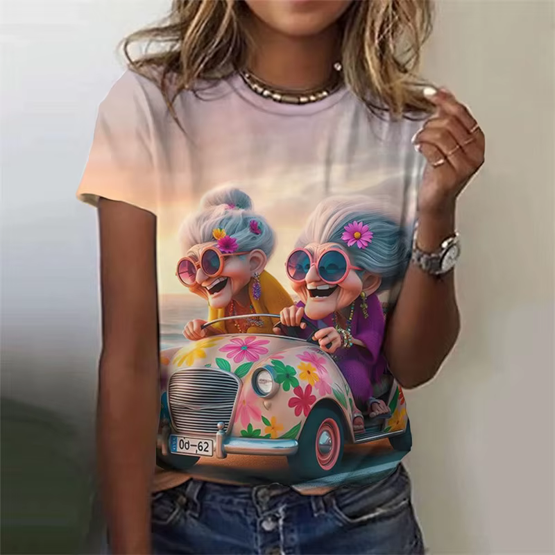 T-Shirt manches courtes col rond femme, ample, tendance, motif grand-mère, personnalité de dessin an