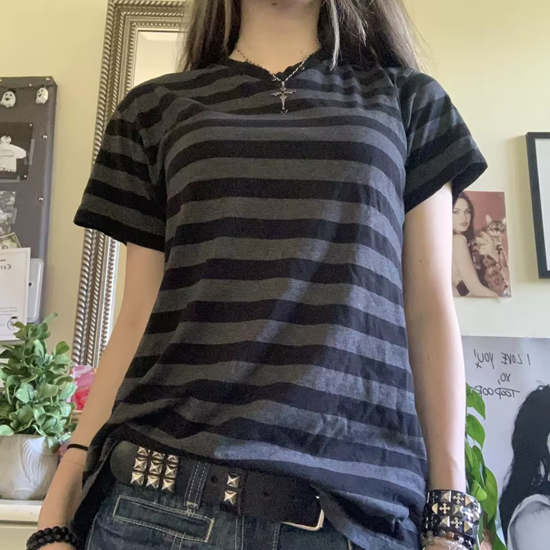 T-shirt Rayé à Manches Courtes et Col en V pour Homme et Femme, Vêtement Vintage, Décontracté, Grung