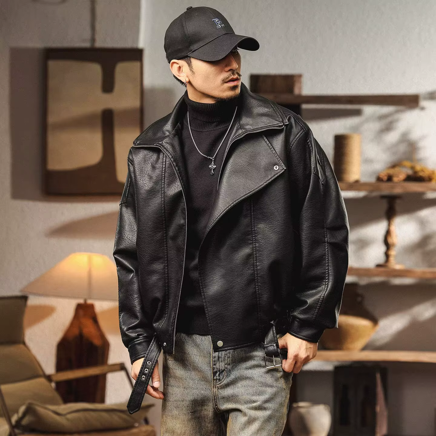 Veste en cuir PU rétro américain pour hommes, Style moto, Double col, vêtements d'extérieur d'automn
