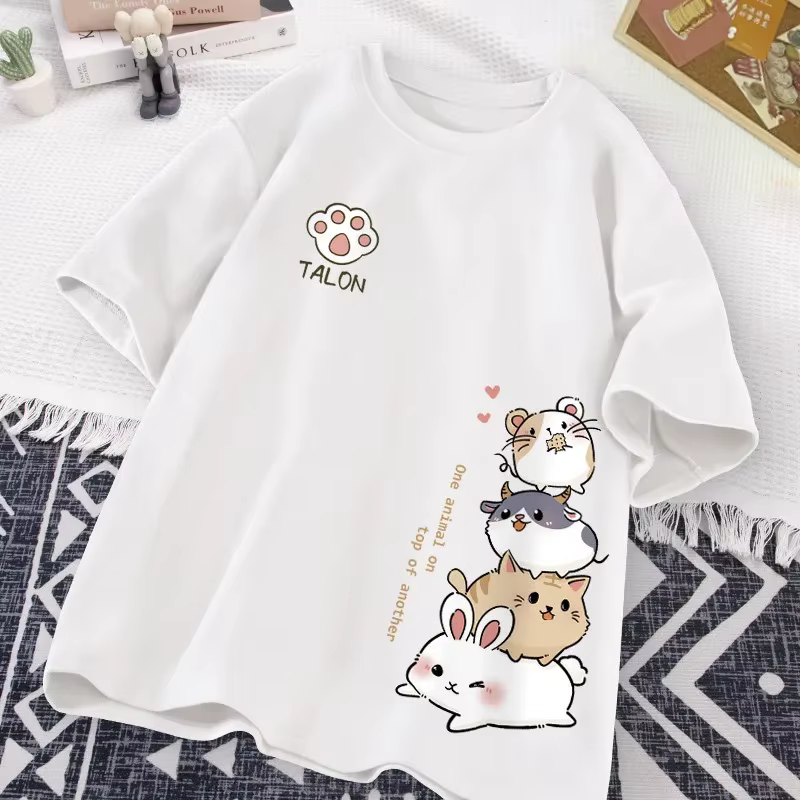 Mode d'été Simple chat impression universelle à manches courtes T-shirt ample décontracté grande tai