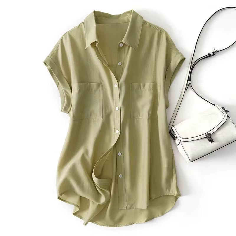 Vert solide décontracté col Polo simple boutonnage à manches courtes femmes Blouse chemise décontrac