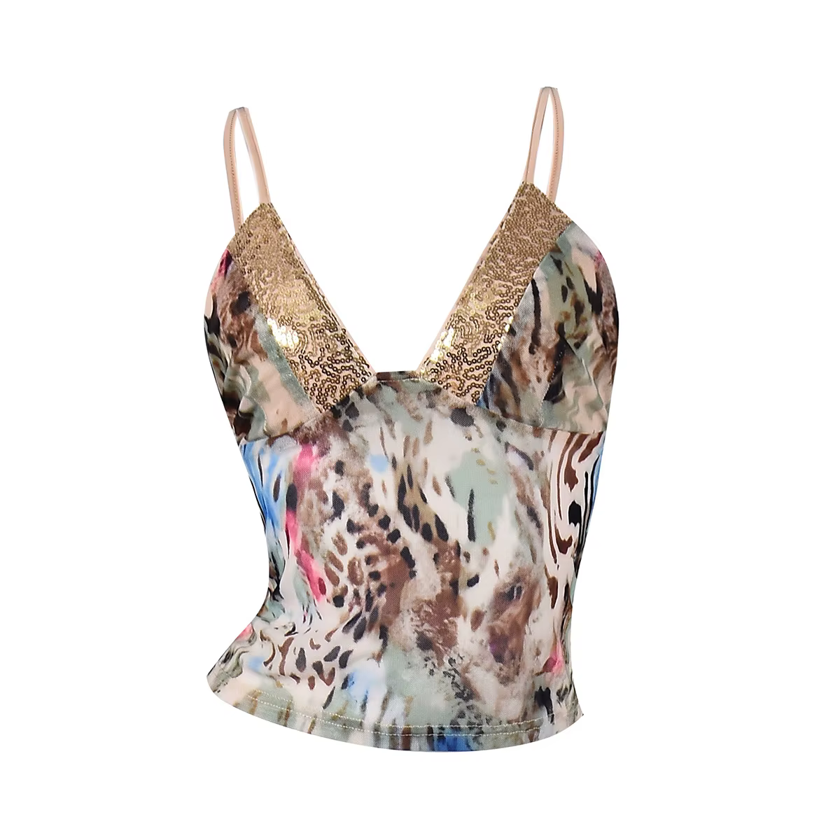 Débardeur sexy à sequins et imprimé léopard, col en V, patchwork, dos nu, crop top halter, bustier c