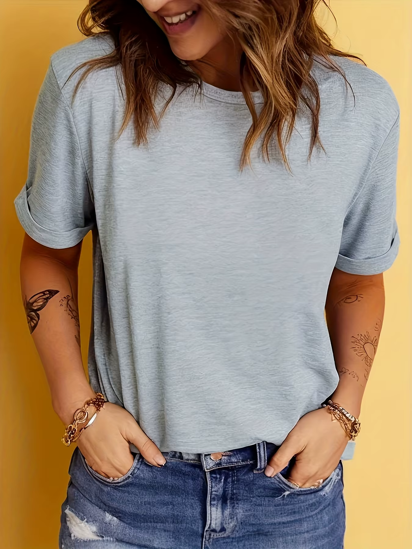 T-Shirt décontracté de couleur unie pour femmes, haut doux à manches courtes et col rond pour tenue