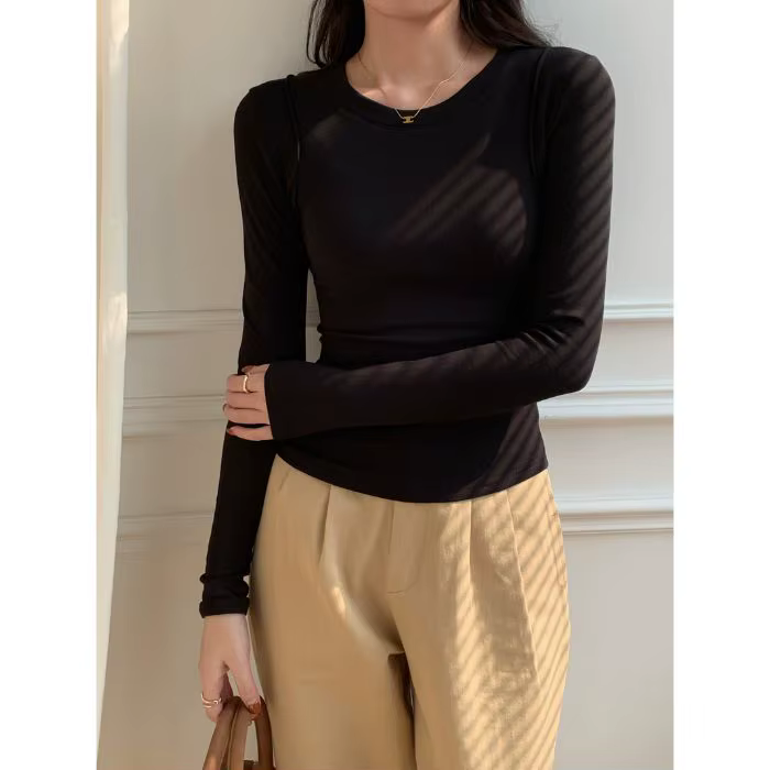T-shirt à manches longues et col rond pour femme, haut court et Sexy, décontracté, Slim, basique, vê