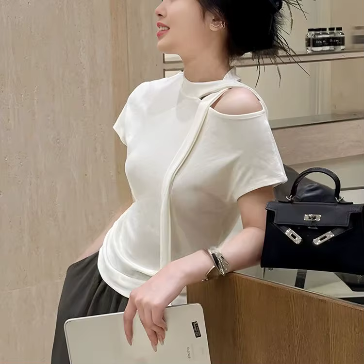 T-shirt blanc à manches courtes pour femmes, épaules dénudées, haut polyvalent et décontracté, nouve