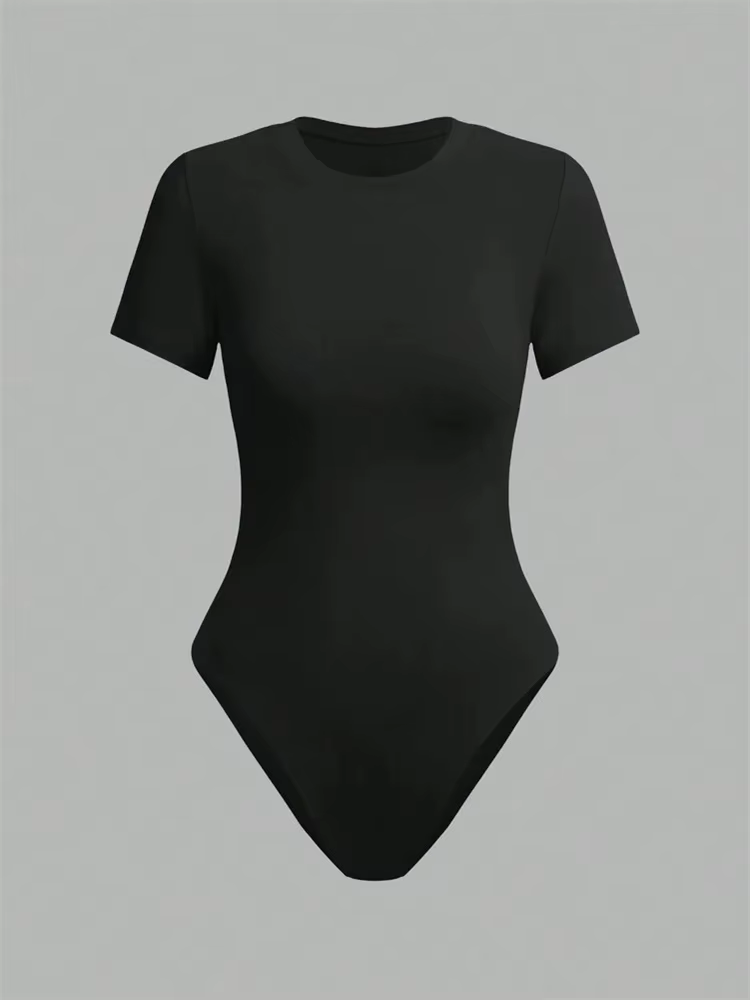 Body basique à manches courtes pour femmes, couleur unie, col rond, moulant, barboteuse, chemisier, 