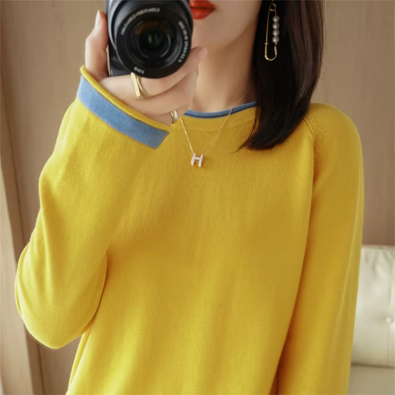 Printemps automne offre spéciale nouveau 100% pur coton pull femmes col rond pull contraste sertissa