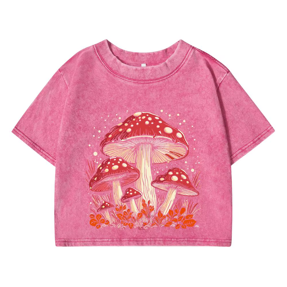 Hauts courts en coton pour femmes, tendance, col rond, T-Shirts délavés en détresse, champignon roug