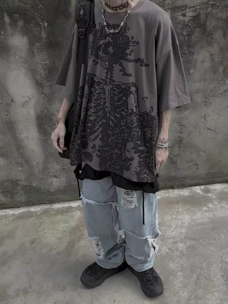 T-shirts pour hommes 2023 été Streetwear haute rue gothique crâne t-shirt ample surdimensionné à man