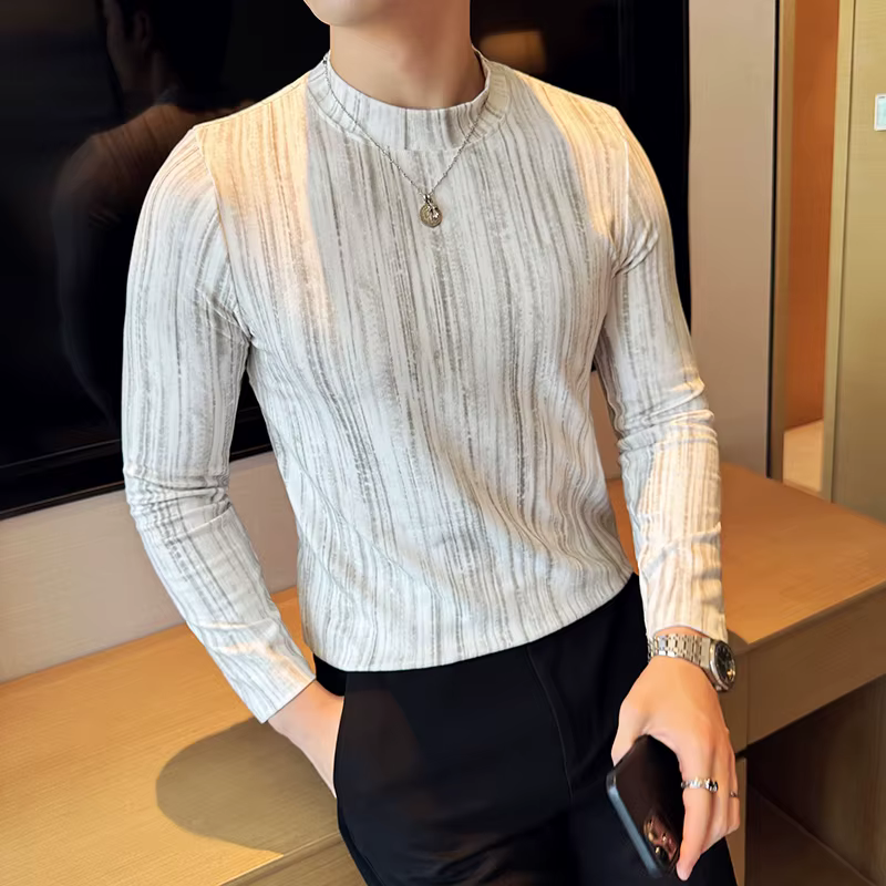 T-shirt à manches longues en coton rayé pour homme, haut décontracté, col montant nickel é, coupe co