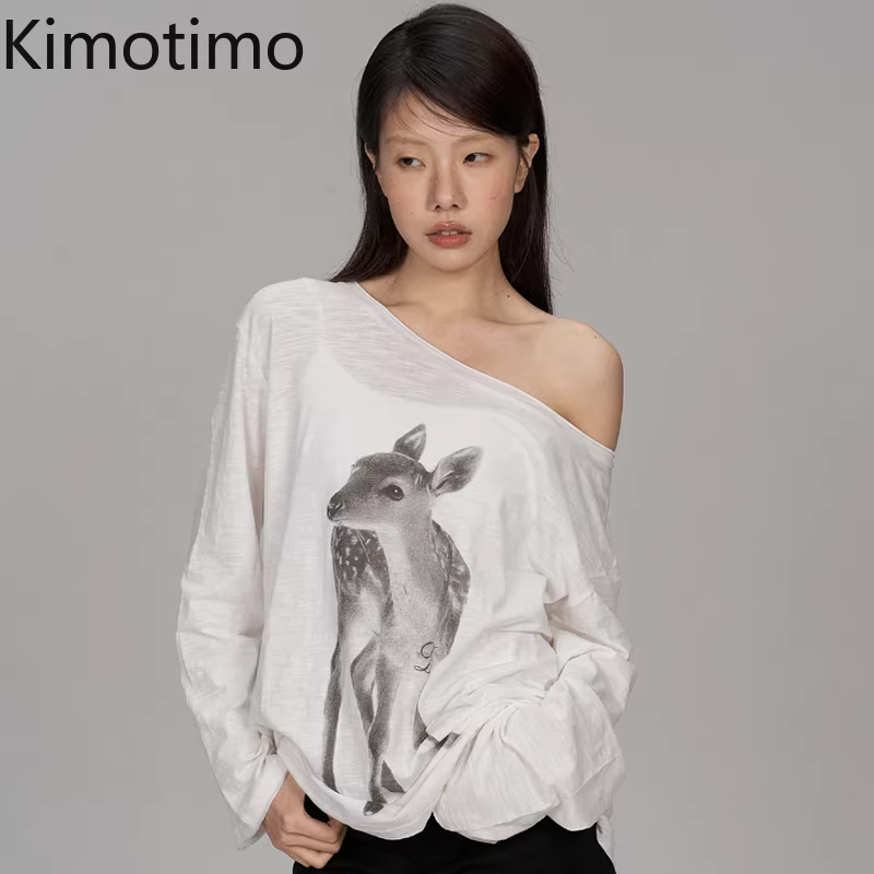 Kimotimo T-shirt Femme Été Imprimé Épaules Dénudées Manches Longues 2026 Nouveau Décontracté Transpa