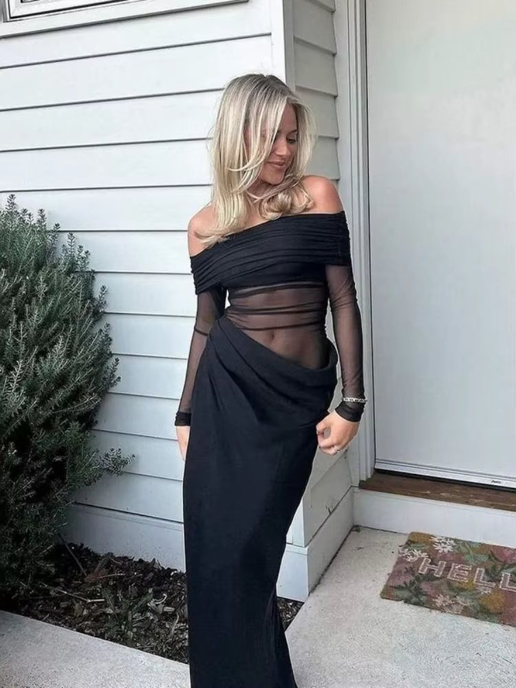 Robes longues à épaules dénudées pour femmes, vêtements esthétiques transparents, robe De nuit Sexi,