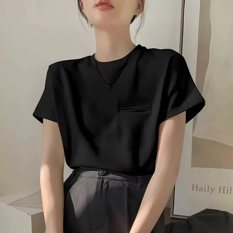 T-shirt blanc à manches courtes pour femmes, design de fausse poche, t-shirt décontracté, t-shirt à 