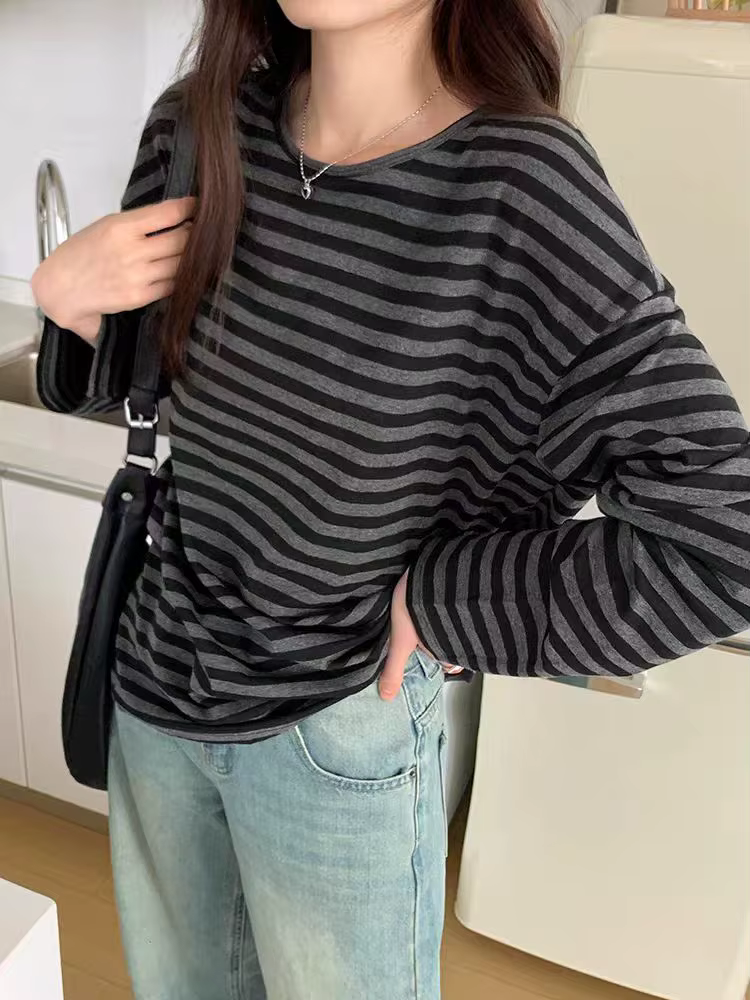 T-shirt rayé à manches longues et col rond pour Femme, haut surdimensionné, décontracté, Streetwear,