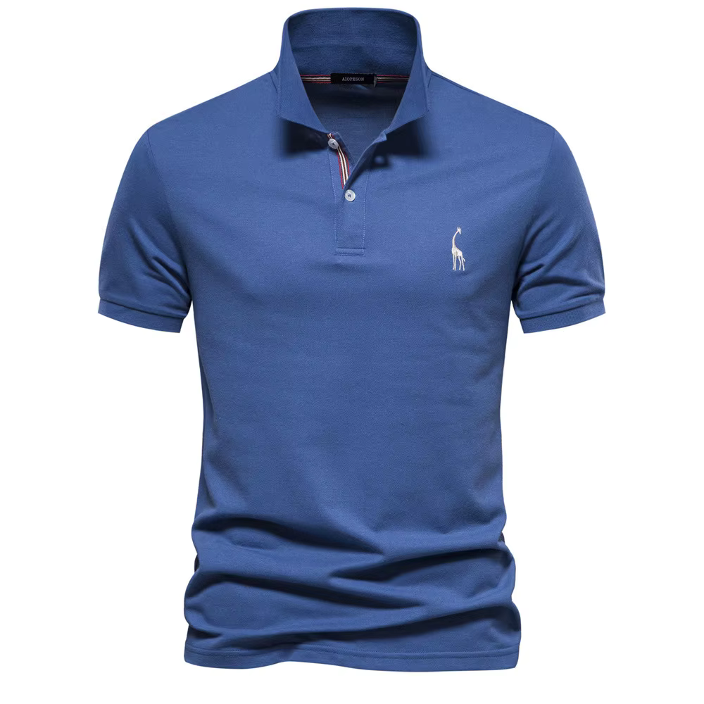 T-shirt à manches courtes basique pour homme, col brodé, couleur unie, imprimé cerf, polo en coton d