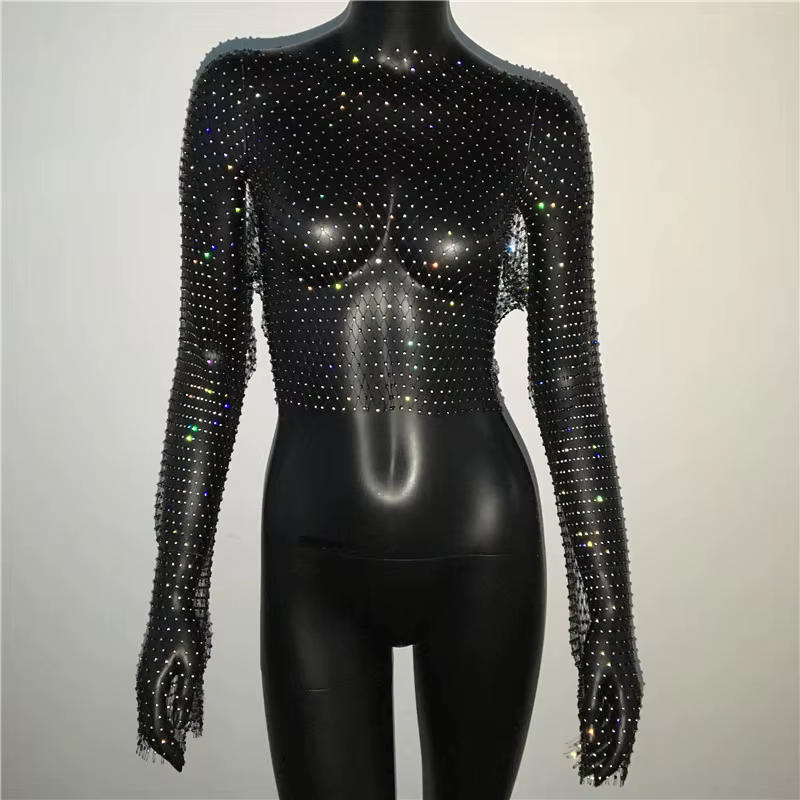FestivalQueen femmes Sexy Bling évider résille grille t-shirt à manches longues en vrac femmes luxe